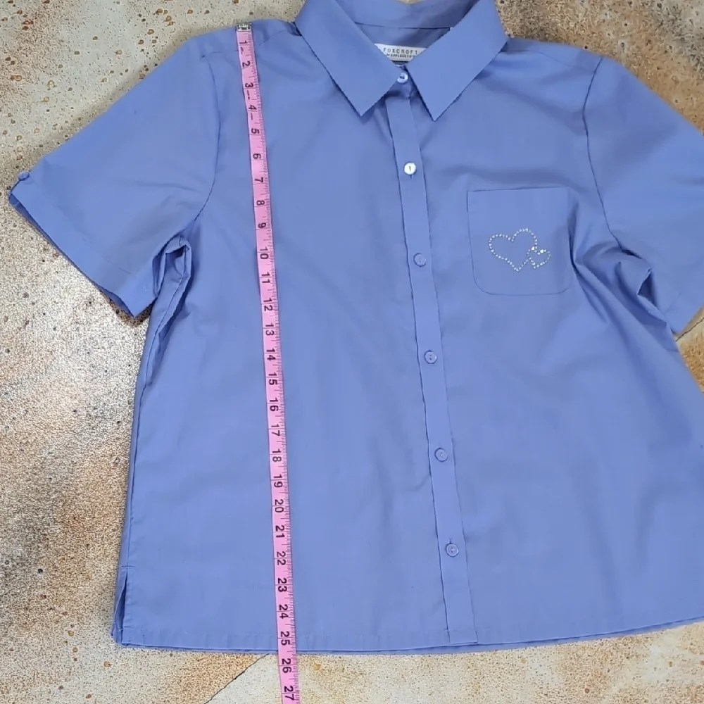 Foxcroft | Periwinkle Blue Heart Pocket Button Down Short Sleeve Size 14 - Picture 7 of 9